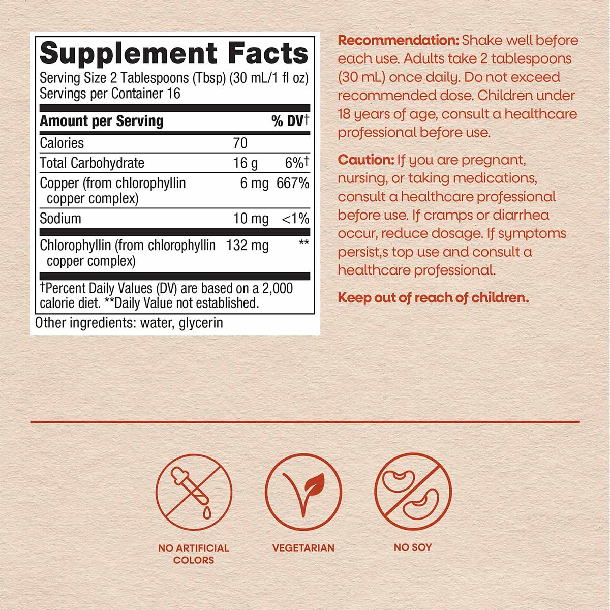 Supplement facts label for Chlorofresh Liquid Chlorophyll with usage recommendations, cautions, and icons indicating no artif