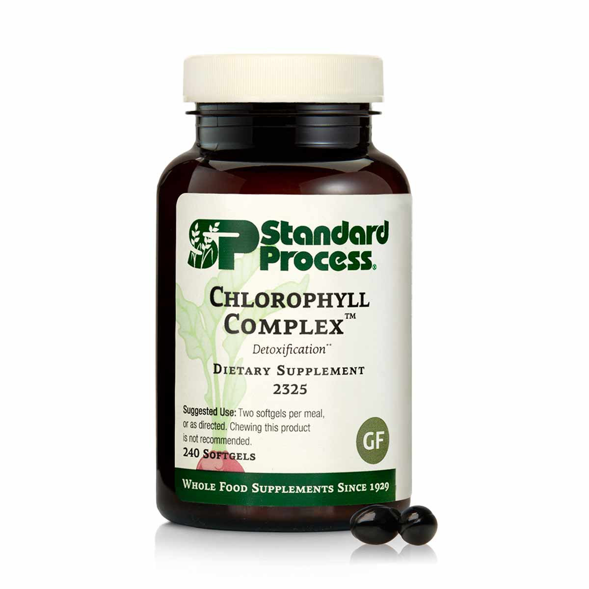 Dark brown glass bottle of Standard Process Chlorophyll Complex dietary supplement with cream-colored cap and two black softg