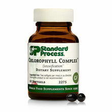 Standard Process Chlorophyll Complex dietary supplement bottle with white cap containing 60 softgels and two softgels display