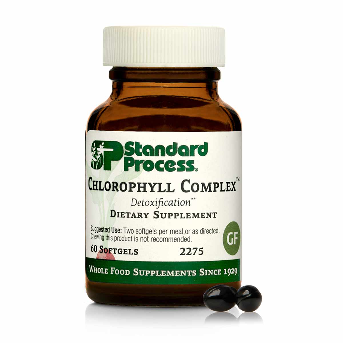 Standard Process Chlorophyll Complex dietary supplement bottle with white cap containing 60 softgels and two softgels display