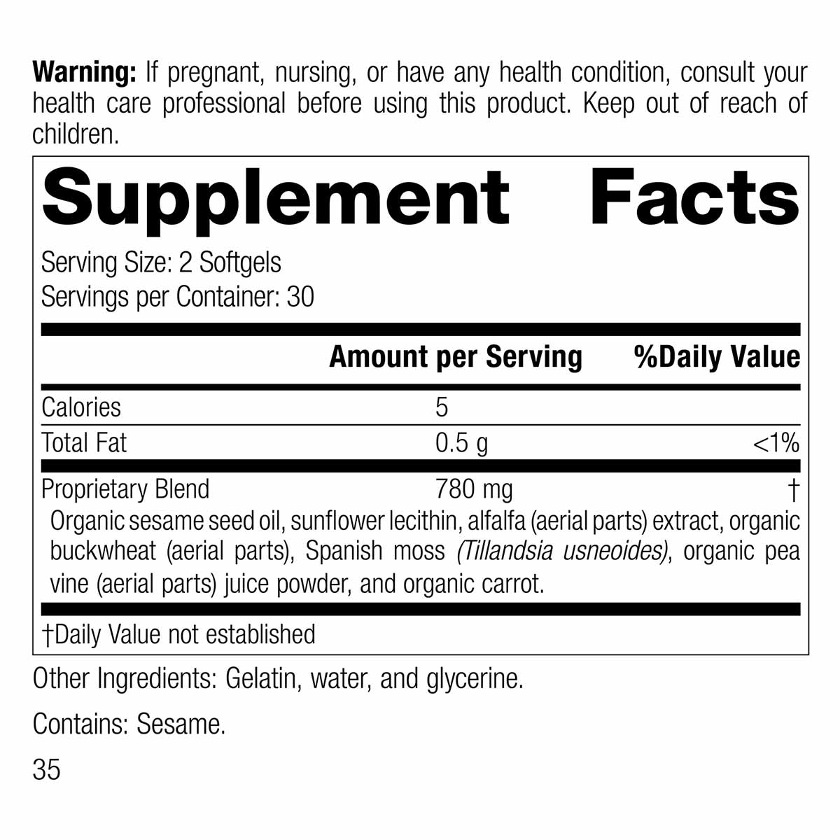 Supplement Facts label for Chlorophyll Complex softgels showing serving size, nutritional information, and proprietary blend 