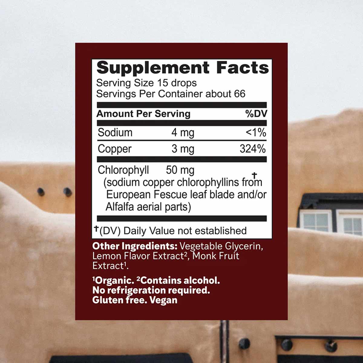 Supplement Facts label for Chloroxygen Lemonade Drops showing serving size, nutritional information, and ingredients includin