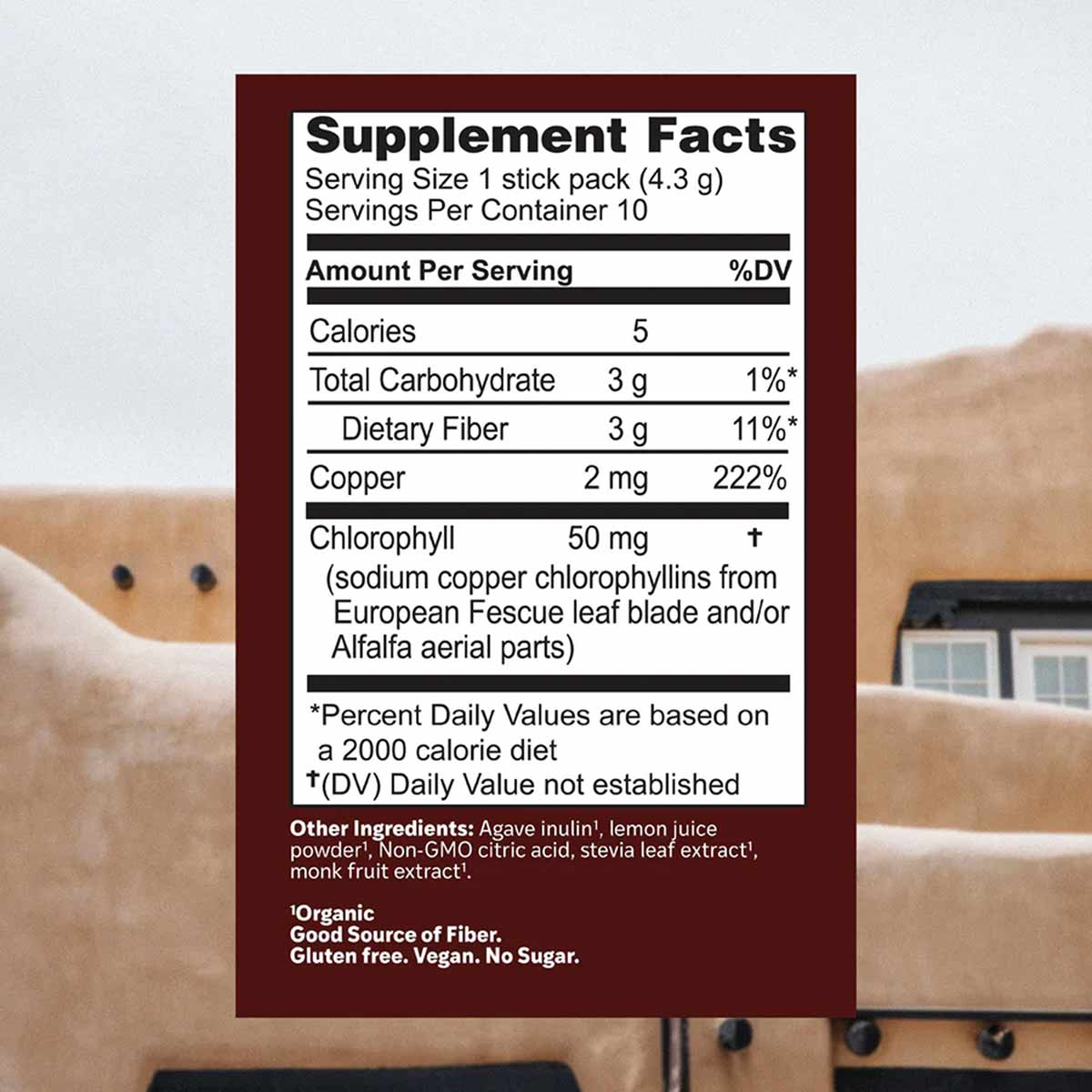 Supplement Facts label for Chloroxygen Lemonade Powder showing serving size, nutritional information, and ingredients includi