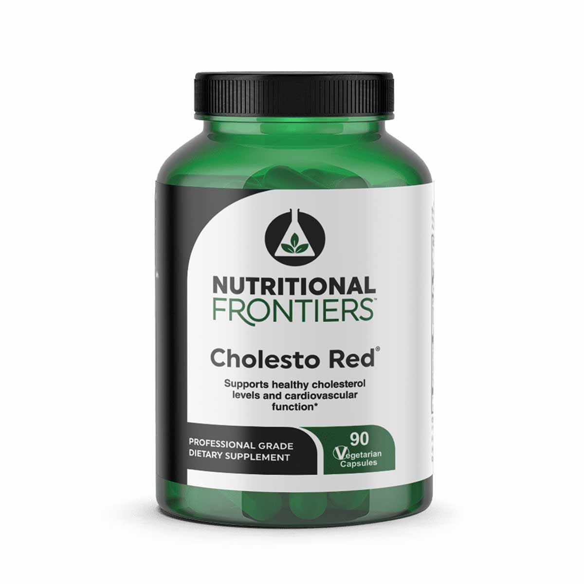 Green plastic bottle labeled Cholesto Red by Nutritional Frontiers containing 90 vegetarian capsules with black screw-top cap