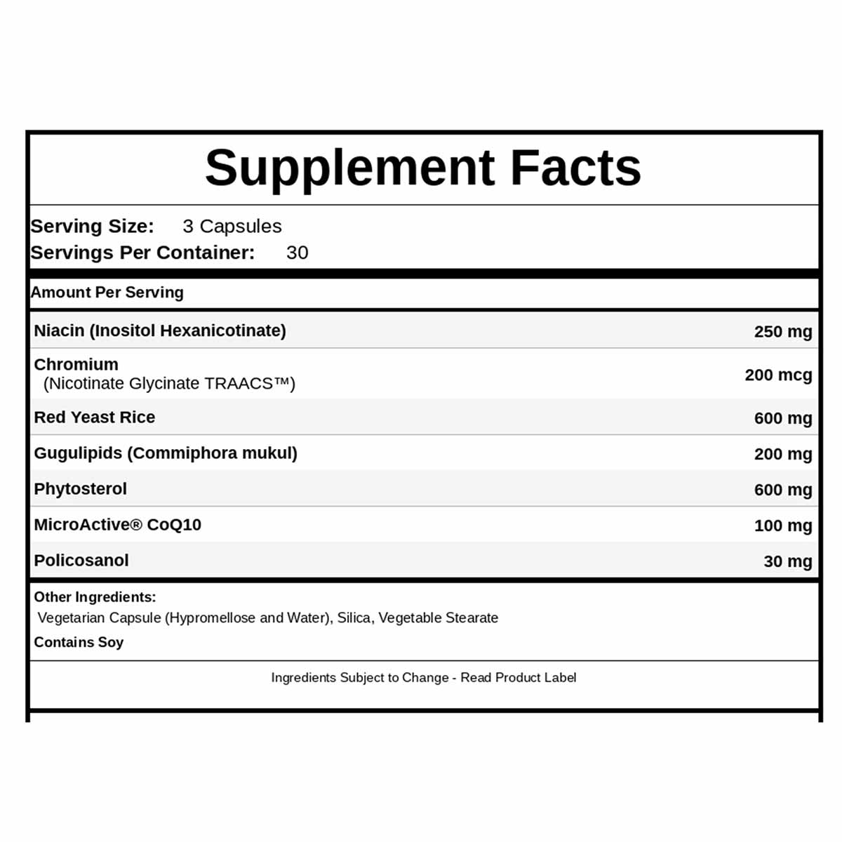 Supplement Facts label for Cholesto Red showing serving size of 3 capsules with ingredients including niacin, chromium, red y