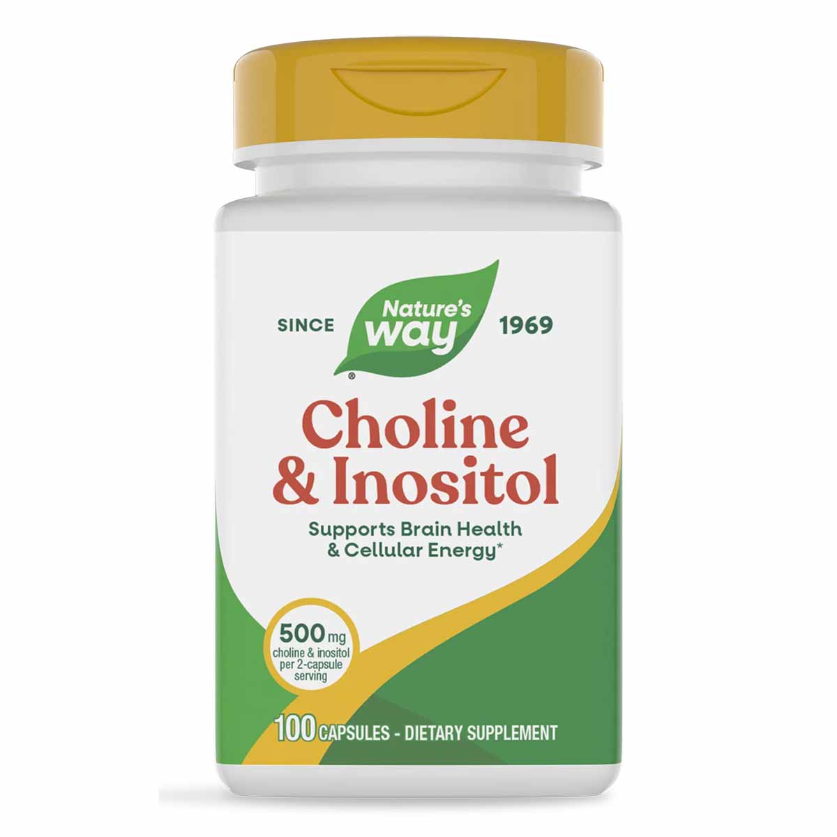 Nature's Way Choline & Inositol supplement bottle with gold cap, white and green label, 100 capsules.
