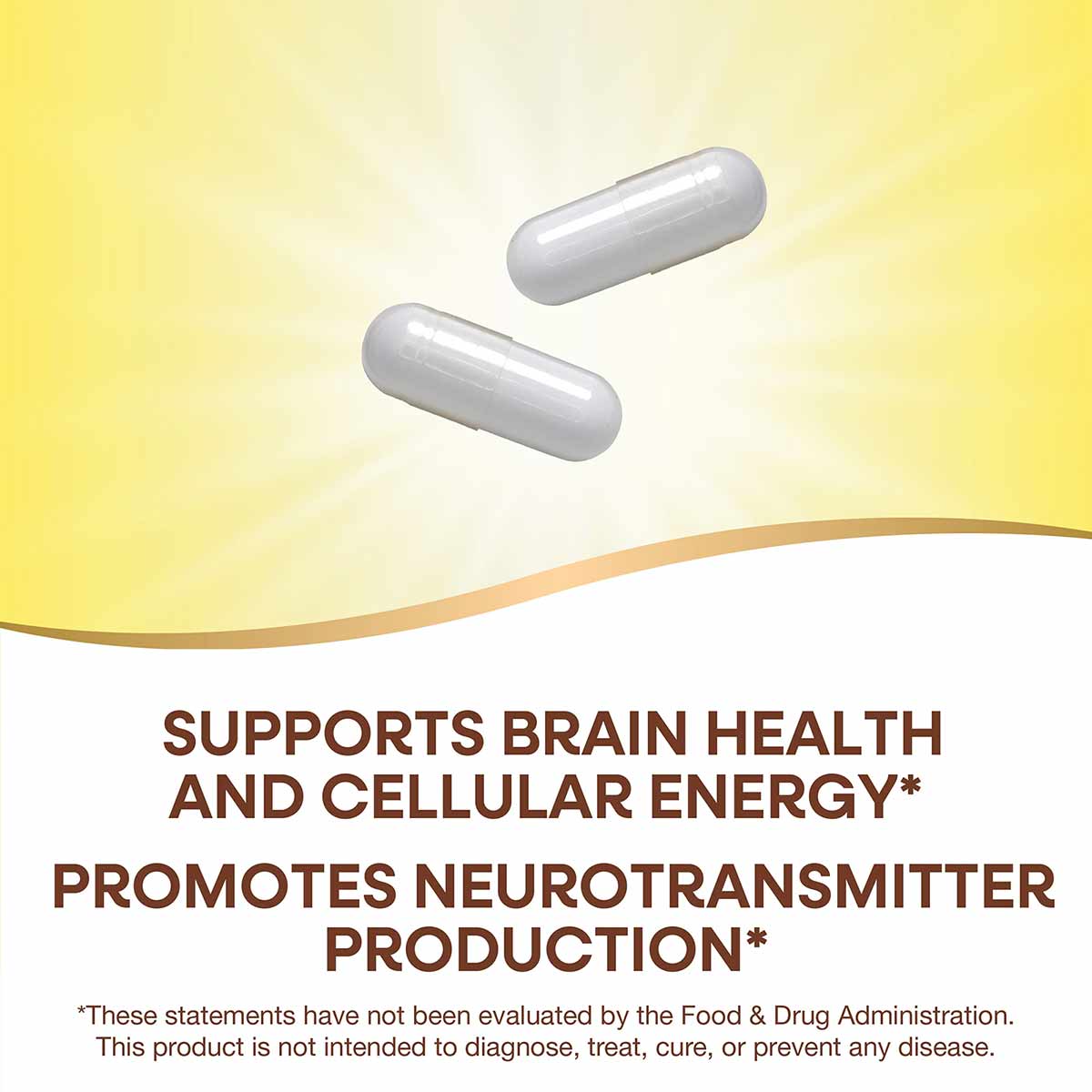 Two white oval capsules on yellow and white background with text describing choline and inositol supplement benefits.