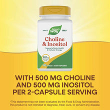 Nature's Way Choline & Inositol supplement bottle with gold cap on yellow background, 100 capsules.