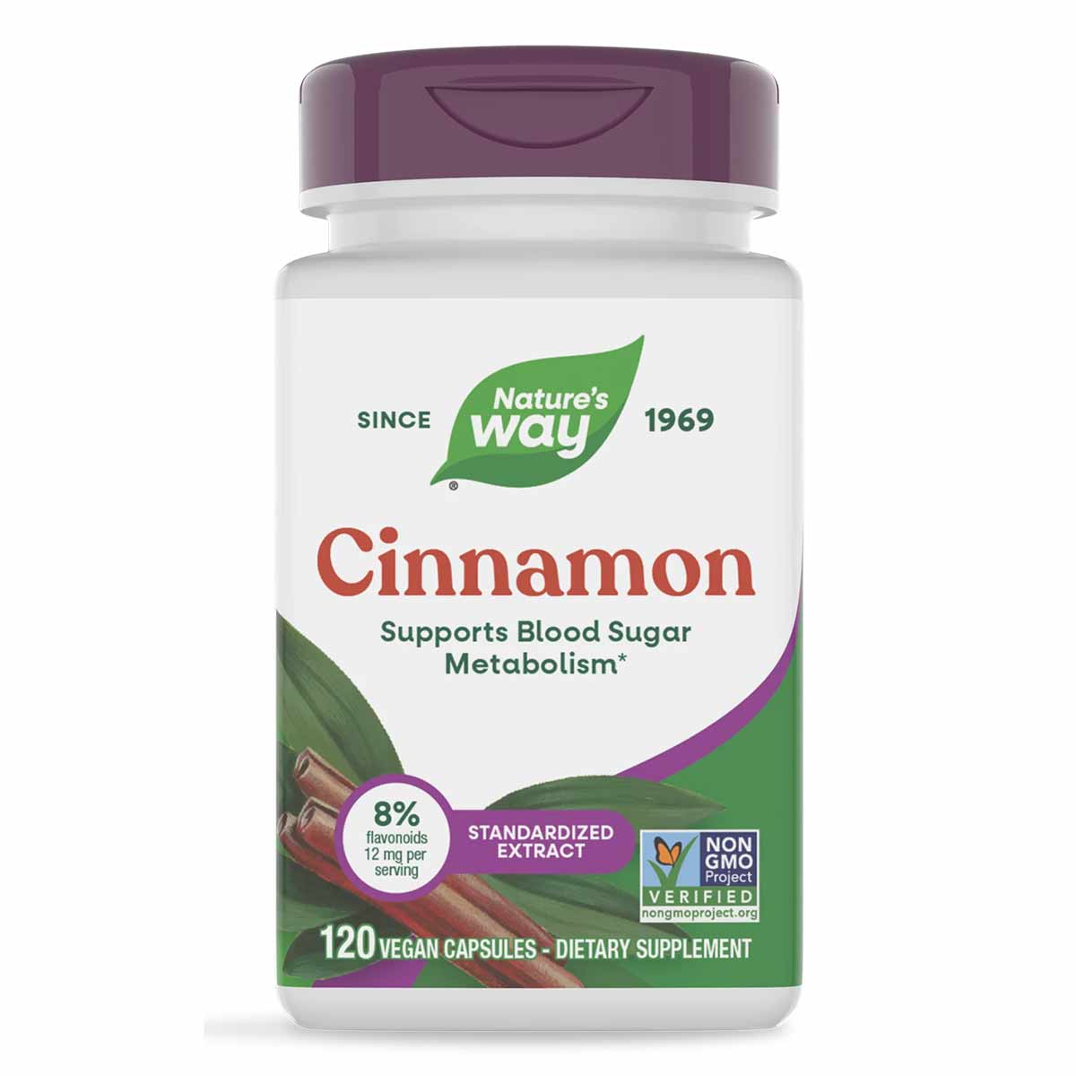 White and green bottle of Nature's Way Cinnamon Standardized Extract dietary supplement with purple cap, containing 120 vegan