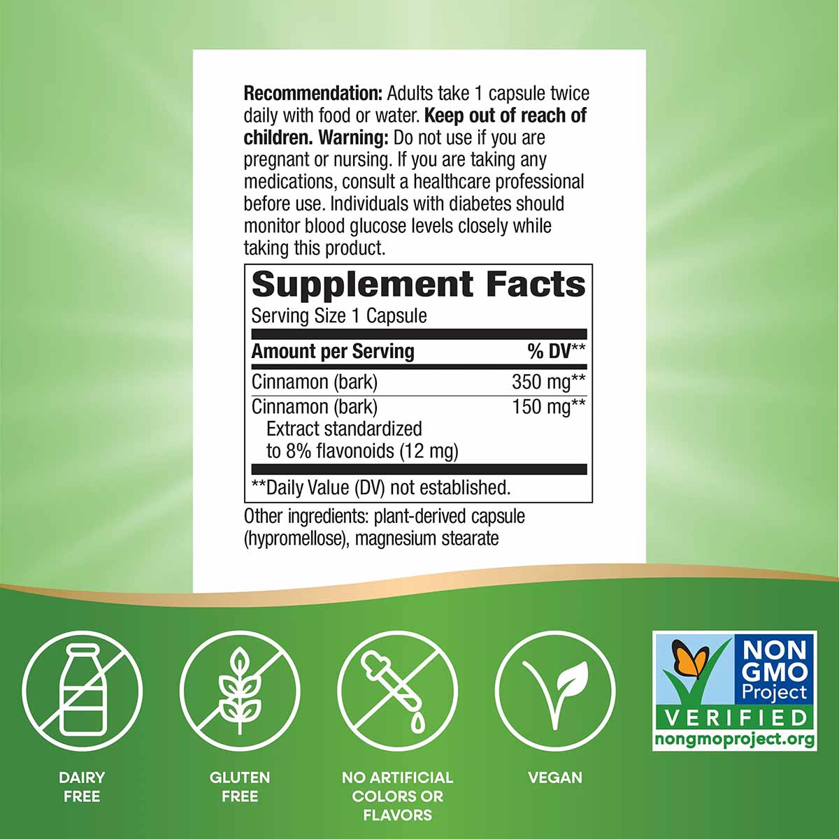 Supplement facts label for cinnamon capsules showing dosage, ingredients, and certifications for dairy-free, gluten-free, veg