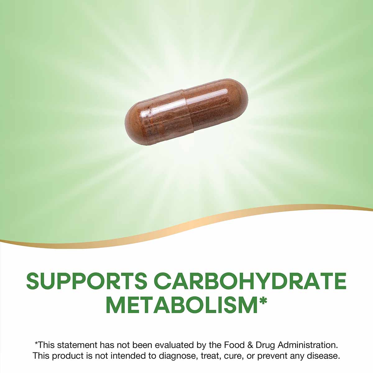 Brown cinnamon supplement capsule on green and white background.