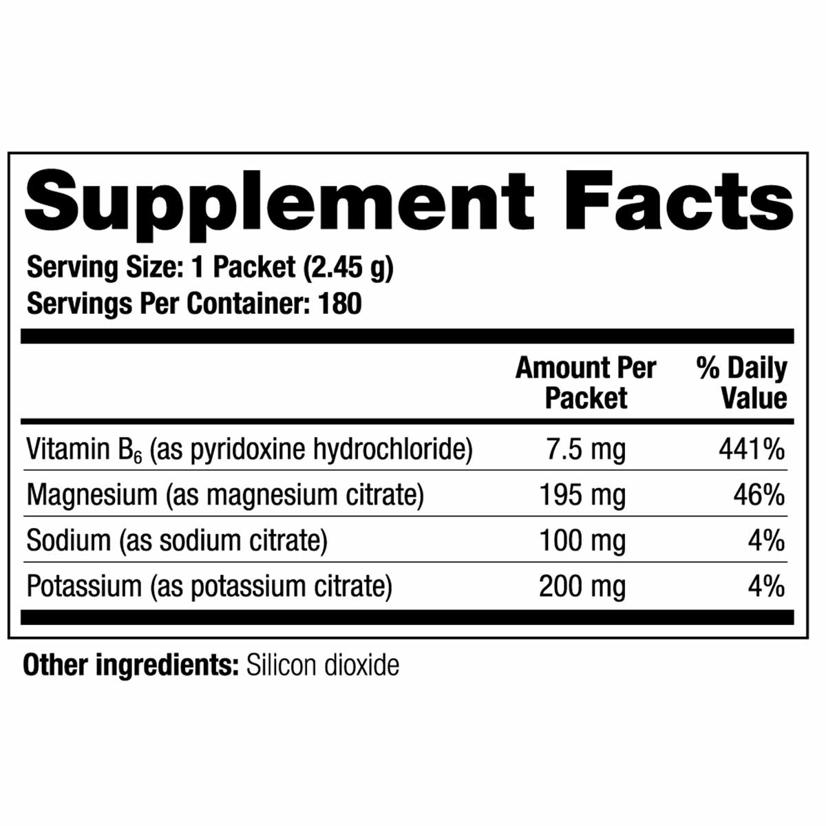 Supplement Facts label for CitraLith showing 180 packets with vitamin B6, magnesium citrate, sodium citrate, and potassium ci