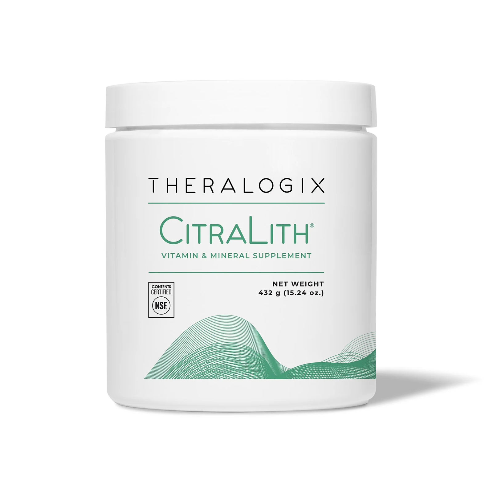 White cylindrical canister labeled Theralogix CitraLith vitamin and mineral supplement, 432g net weight, with green wave desi