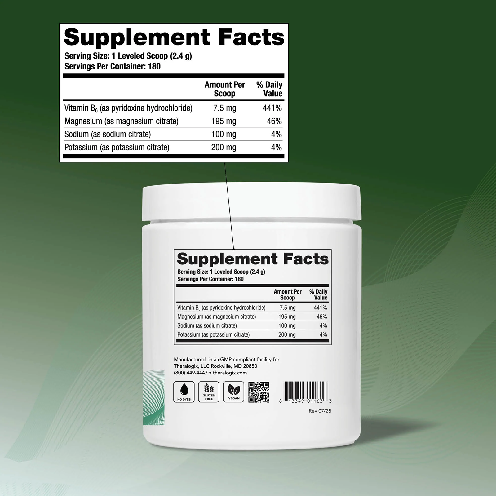 White supplement canister with green gradient background showing supplement facts label and product information.