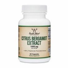 White supplement bottle with tan label showing Double Wood Supplements branding, Citrus Bergamot Extract 1000 mg, 60 capsules