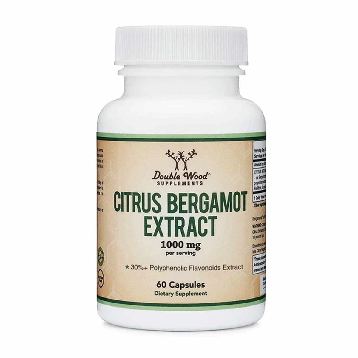 White supplement bottle with tan label showing Double Wood Supplements branding, Citrus Bergamot Extract 1000 mg, 60 capsules