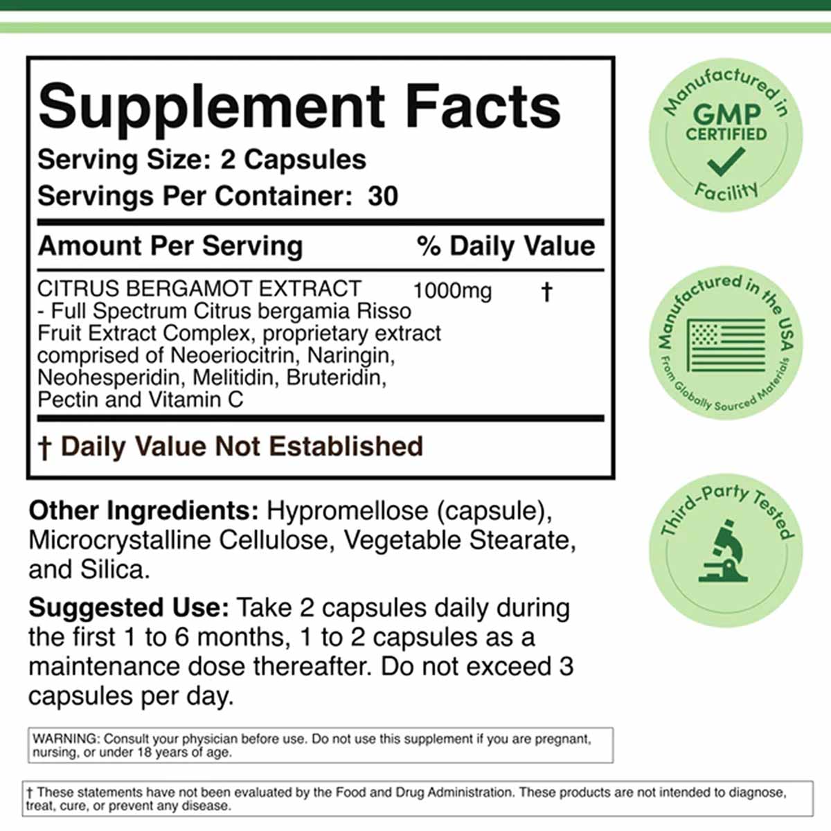 Supplement Facts label for Citrus Bergamot Extract with 1000mg per serving, GMP certified and third-party tested.
