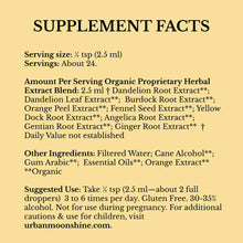 Supplement facts label for Citrus Bitters showing serving size, herbal extract blend ingredients, and suggested use instructi