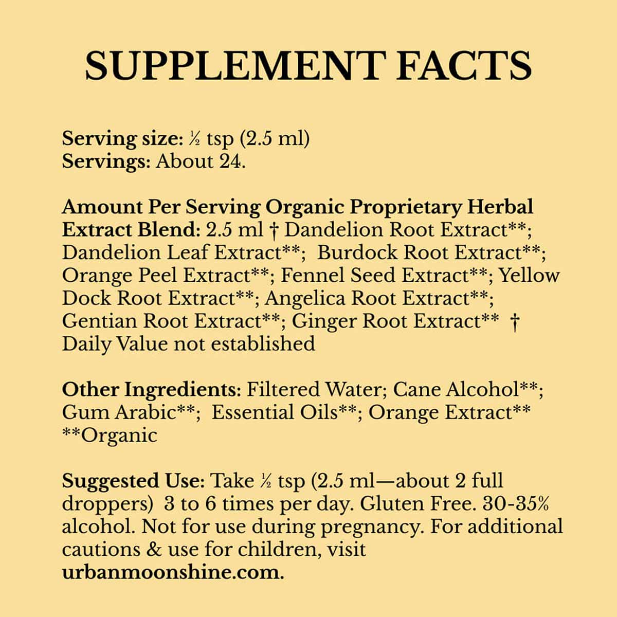 Supplement facts label for Citrus Bitters showing serving size, herbal extract blend ingredients, and suggested use instructi