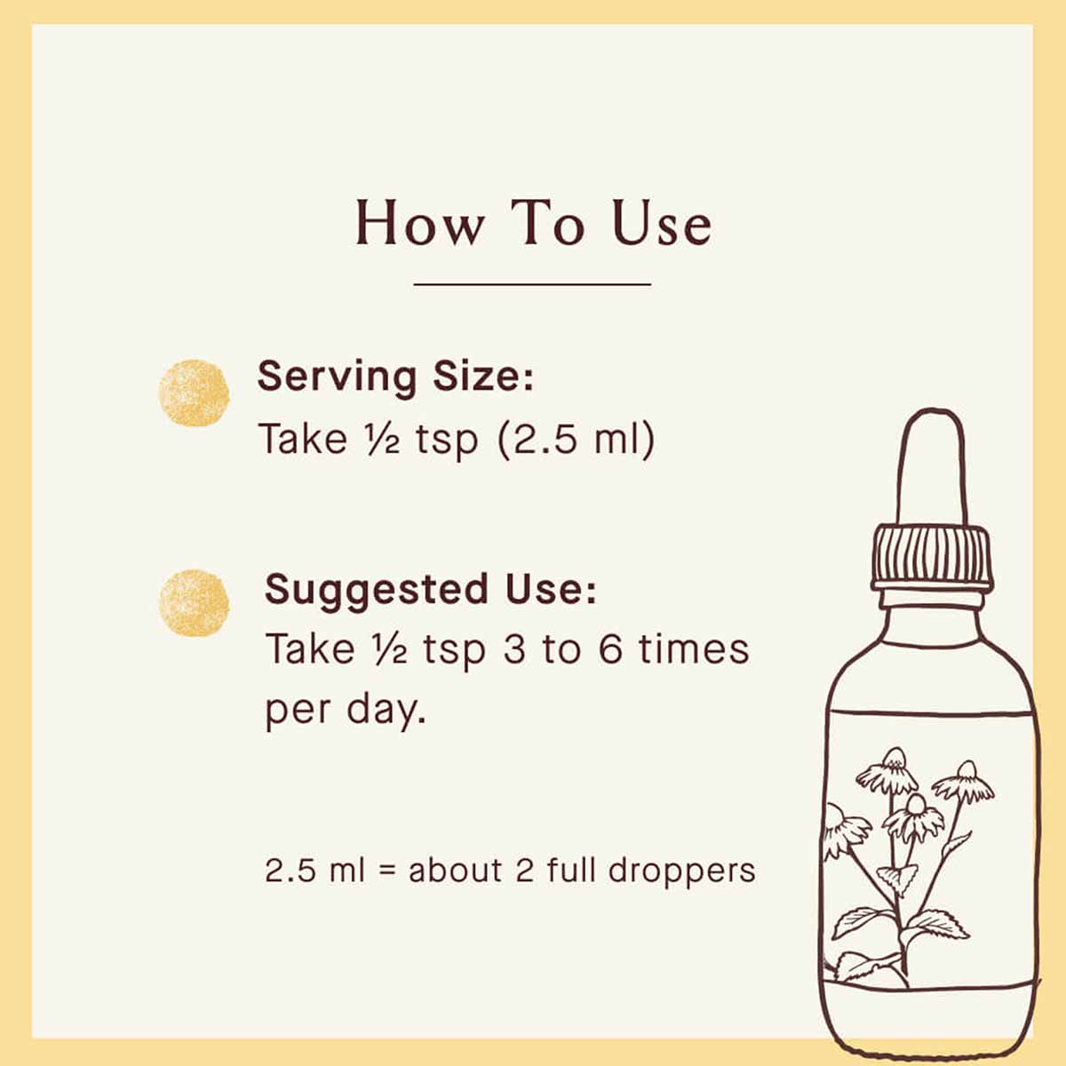 Instruction card showing serving size of 1/2 teaspoon and suggested use of 3 to 6 times daily, with dropper bottle illustrati