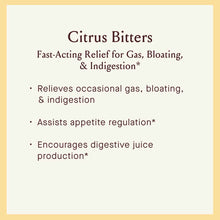 Citrus Bitters product label with text describing relief for gas, bloating, and indigestion on cream background.