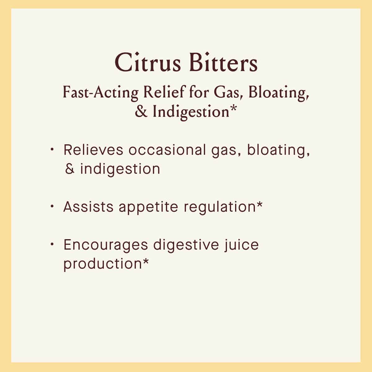 Citrus Bitters product label with text describing relief for gas, bloating, and indigestion on cream background.