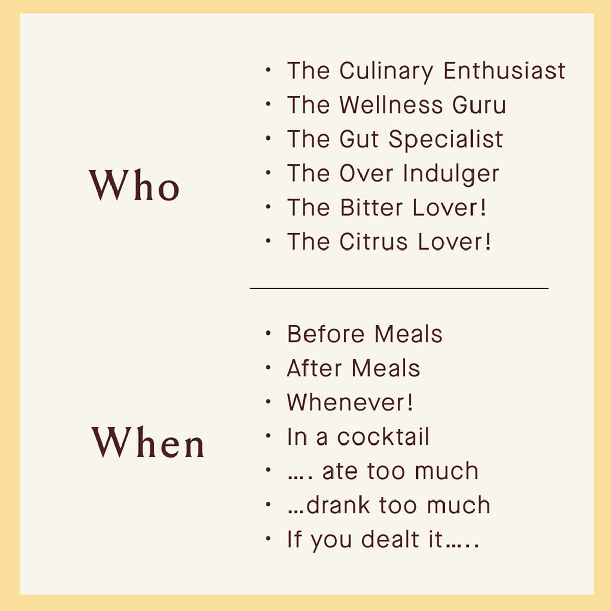 Text graphic with "Who" and "When" sections listing suggested users and consumption occasions for citrus bitters.