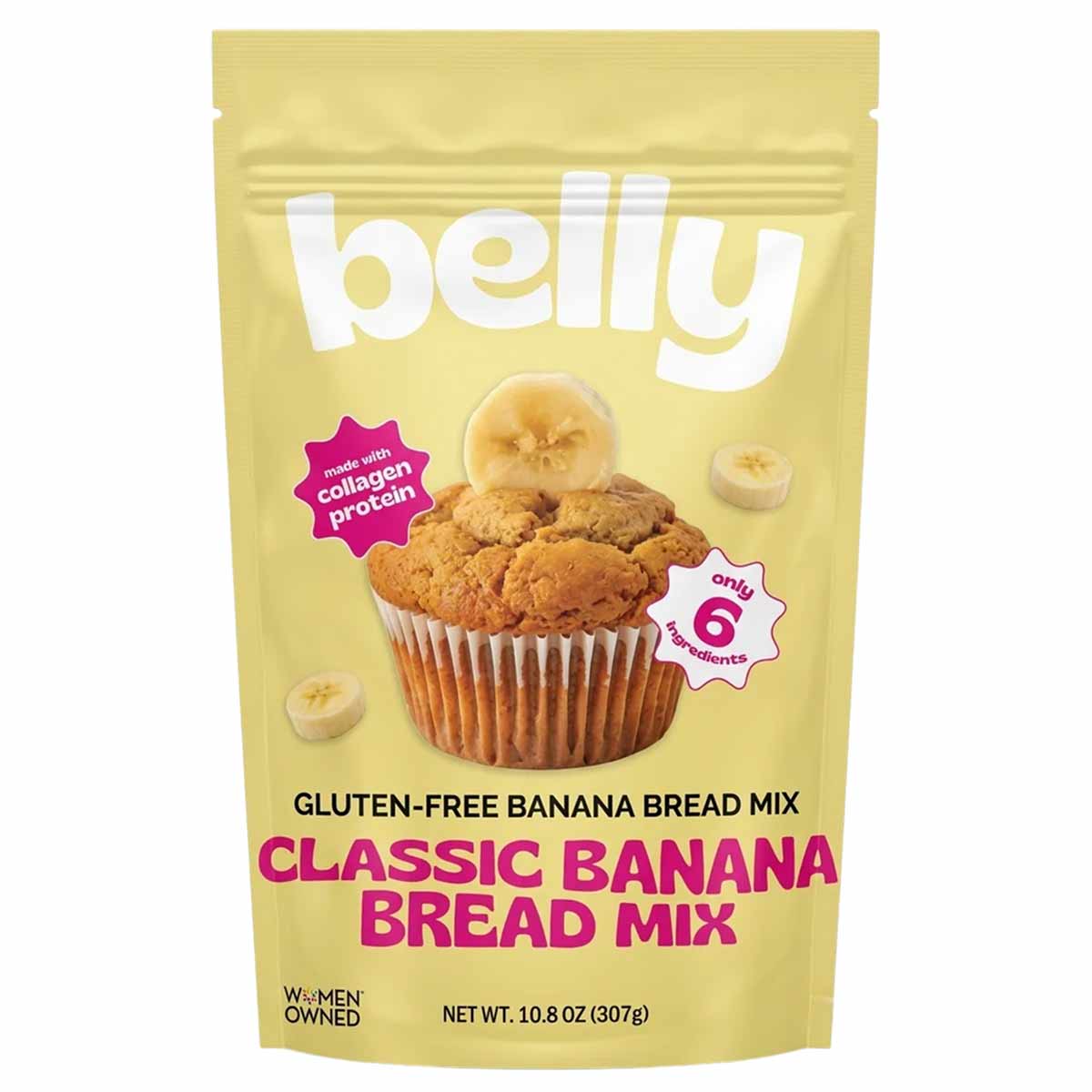 A pale yellow pouch of Belly gluten-free banana bread mix showing a banana-topped muffin and pink collagen and ingredient badges.