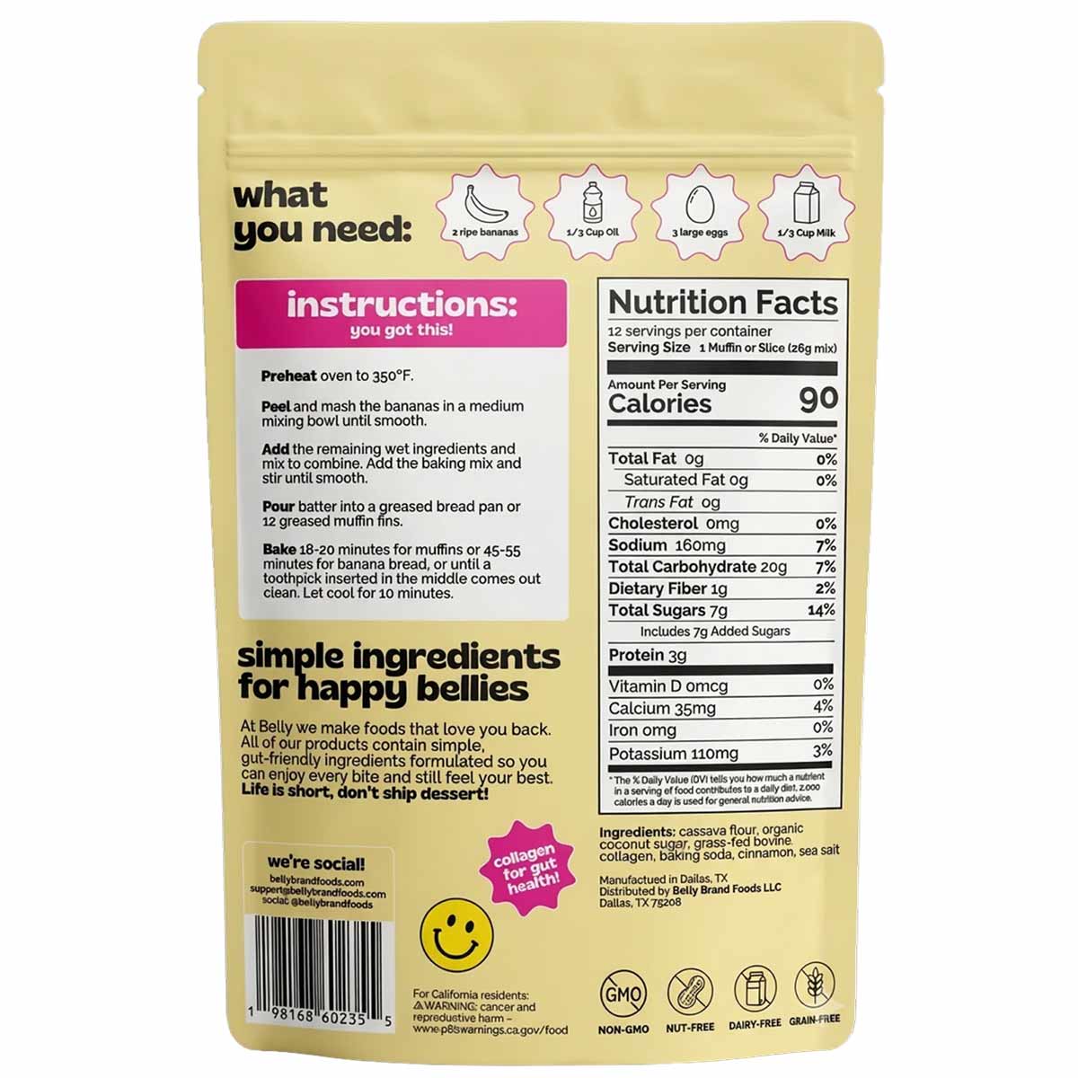 Back of a yellow baking mix pouch showing ingredient icons, pink instructions panel, nutrition facts label, and a smiley face.