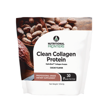 White pouch of Clean Collagen Protein powder by Nutritional Frontiers in cacao flavor, 30 servings, 1236.0g.