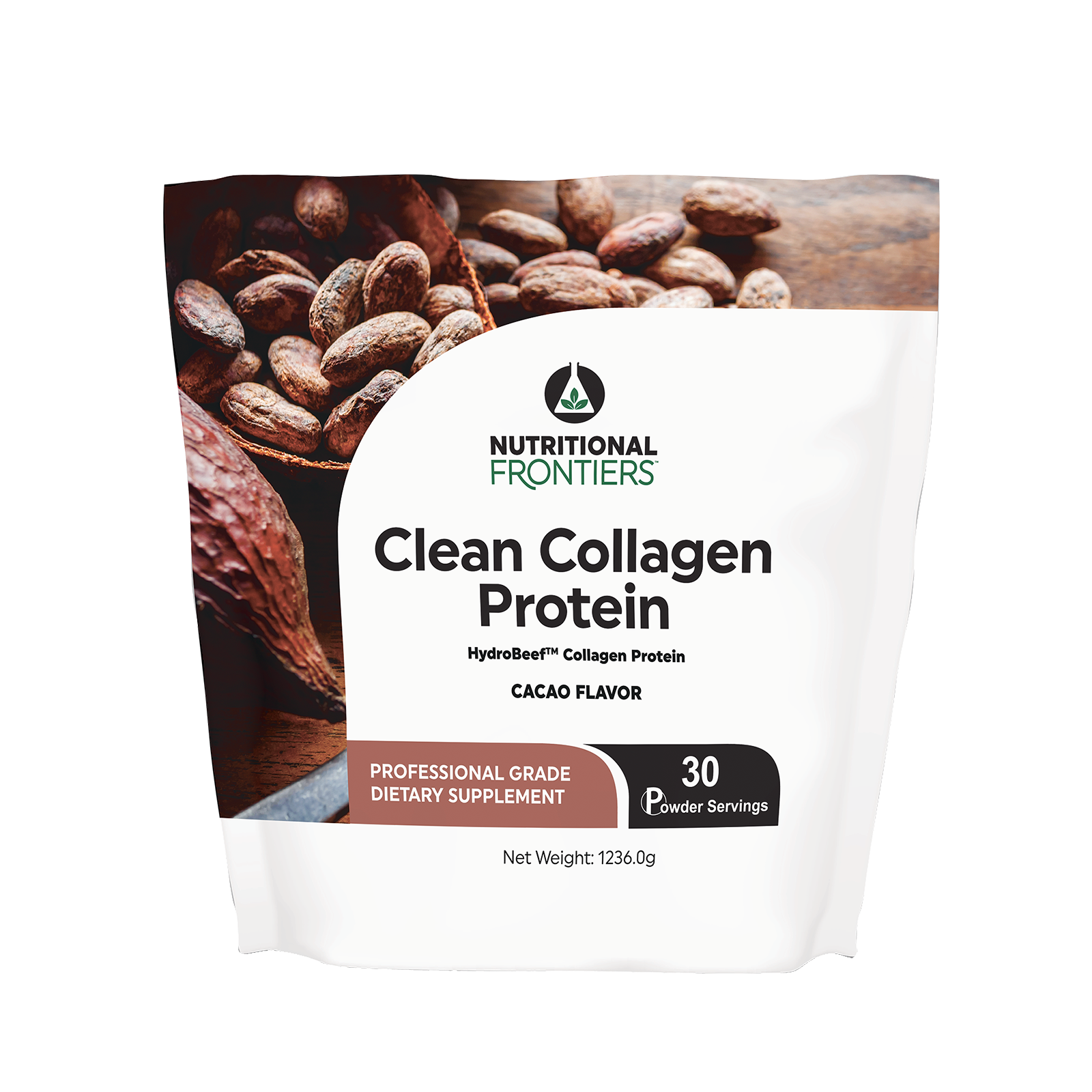 White pouch of Clean Collagen Protein powder by Nutritional Frontiers in cacao flavor, 30 servings, 1236.0g.