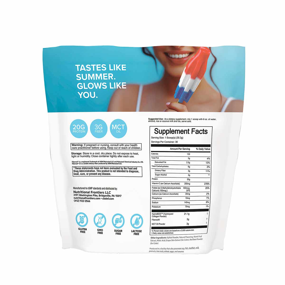 White pouch of Clean Collagen Protein powder by Nutritional Frontiers with blue header, supplement facts label, and certifica