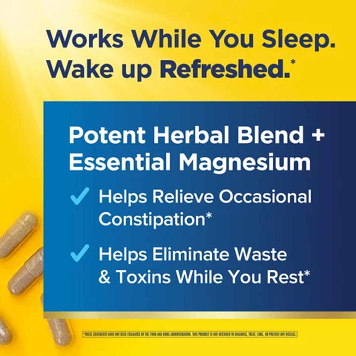 Cleanse More supplement capsules displayed on yellow background with blue text box listing herbal blend and magnesium benefit