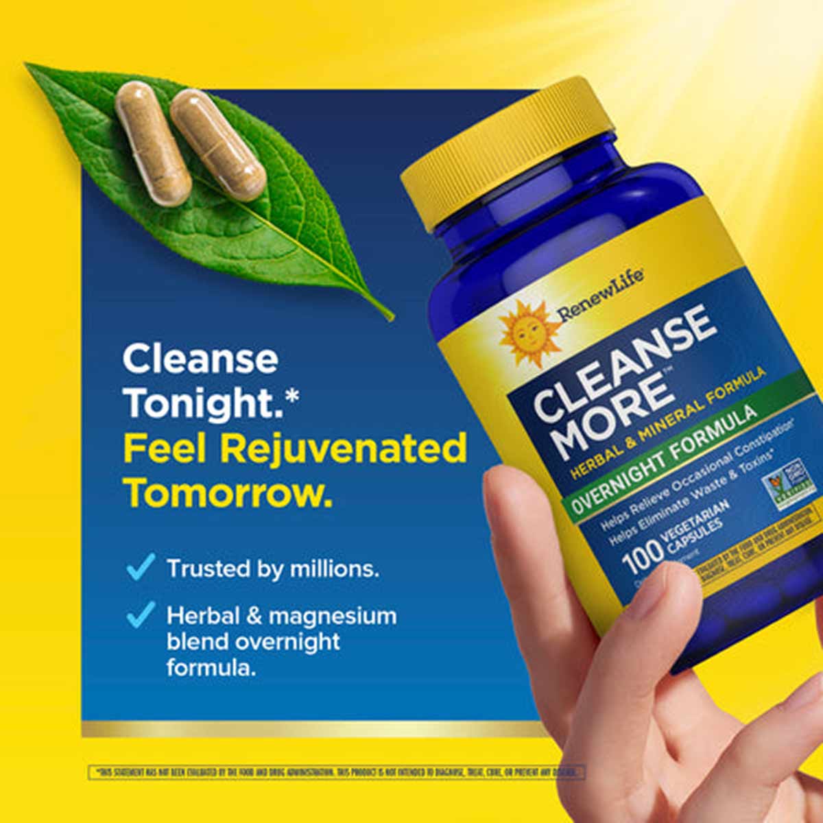 Renew Life Cleanse More blue bottle with yellow label held in hand, with green leaf and capsules on blue and yellow backgroun
