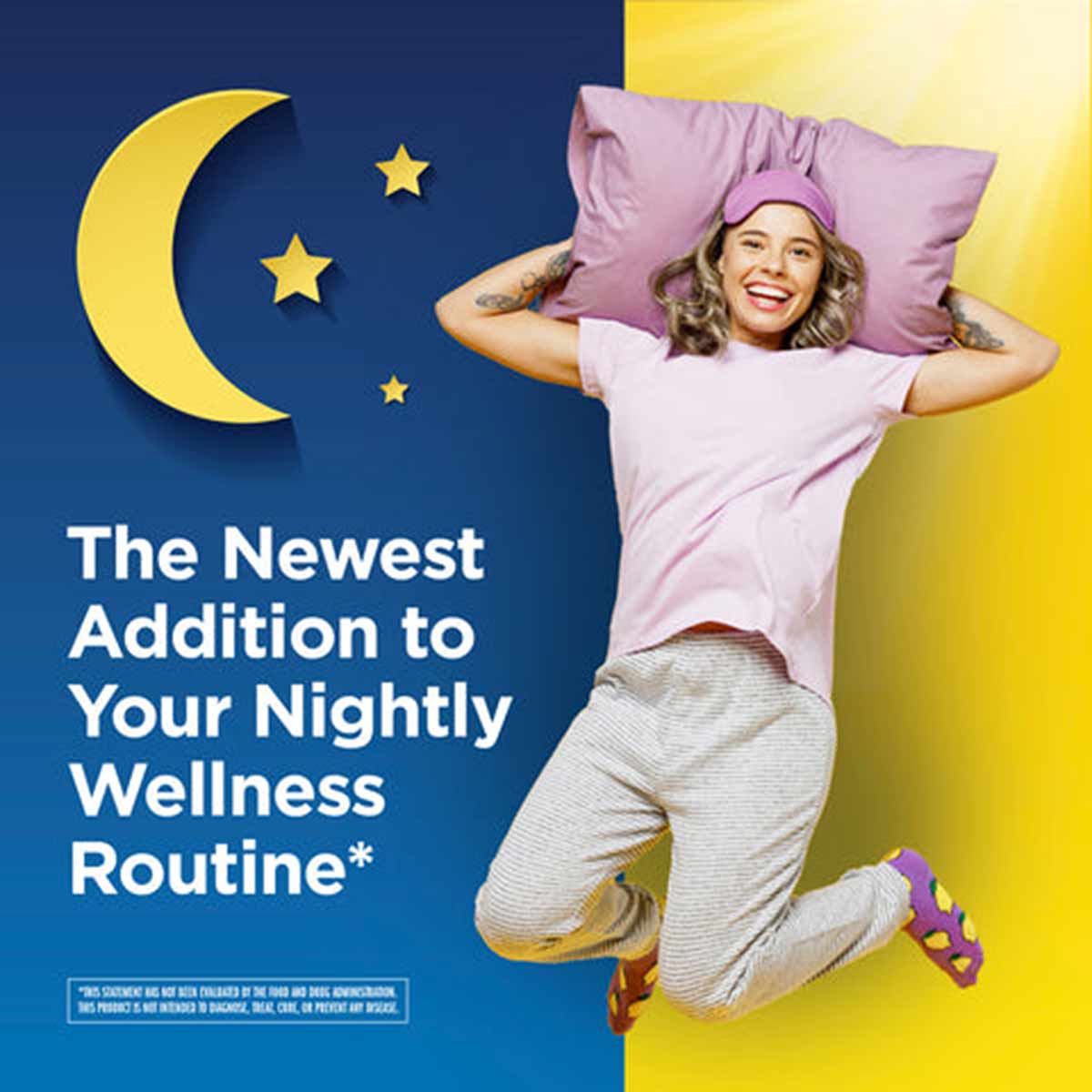 Woman holding pink pillow against blue and yellow background with moon and stars graphic.