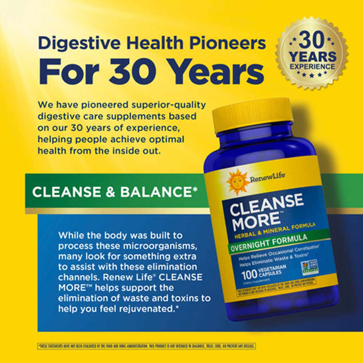 Blue bottle with yellow cap labeled "Cleanse More Herbal & Mineral Formula" containing 100 vegetarian capsules by Renew Life 