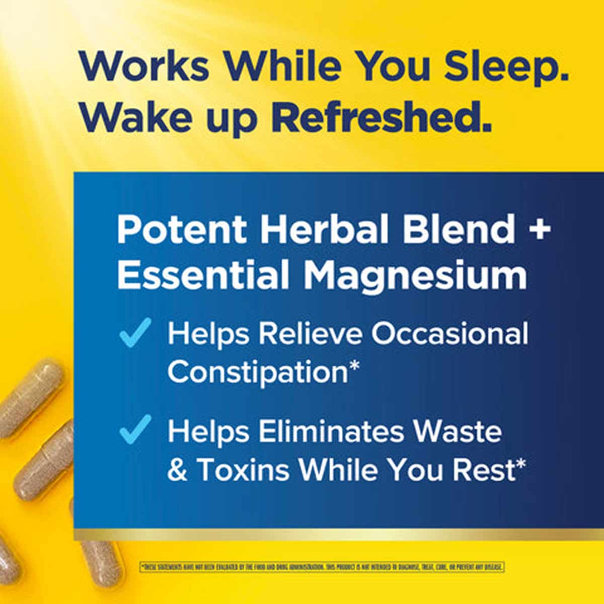 Cleanse More supplement box with yellow background, blue panel displaying product benefits, and tan capsules on left side.