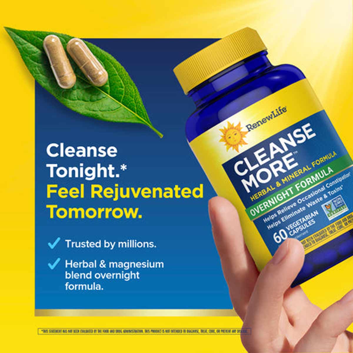 Blue bottle of Renew Life Cleanse More overnight formula with yellow label held in hand against yellow and blue background wi