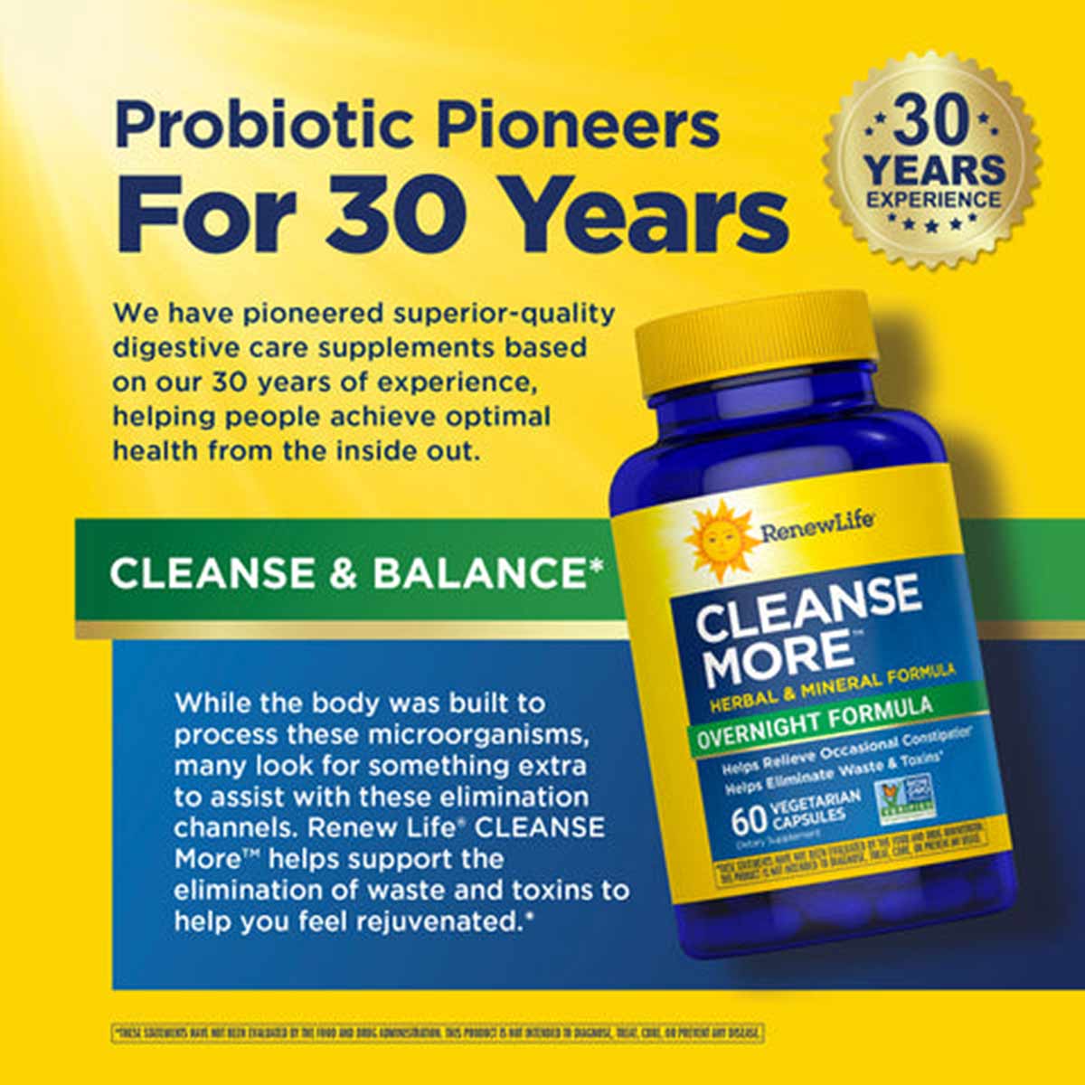 Renew Life Cleanse More supplement bottle with yellow label on yellow background with text about probiotics and 30 years expe