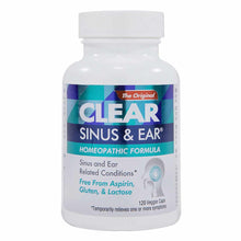 White bottle with teal and blue label for Clear Sinus & Ear homeopathic formula containing 120 veggie capsules.