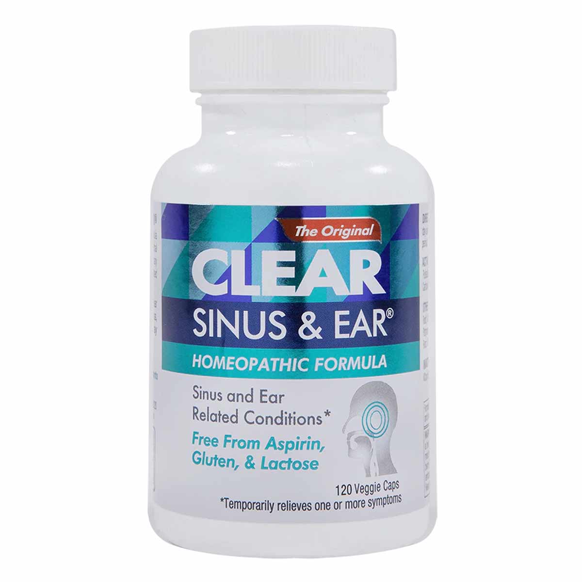 White bottle with teal and blue label for Clear Sinus & Ear homeopathic formula containing 120 veggie capsules.