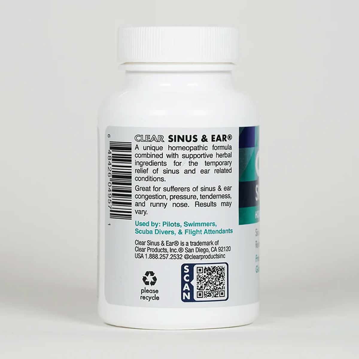White bottle of Clear Sinus & Ear capsules with white cap and product label displaying ingredients and usage information.