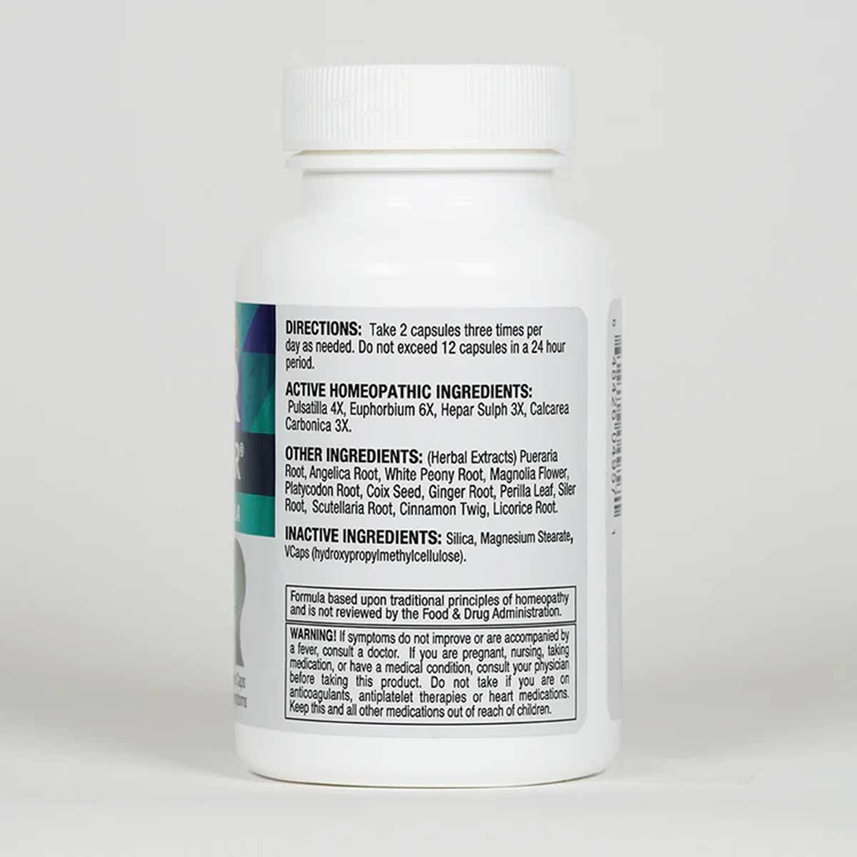 White plastic bottle with white cap containing Clear Sinus & Ear capsules, displaying directions and ingredient information o