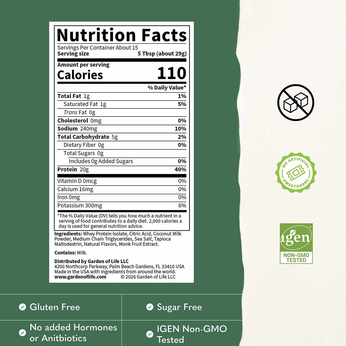 Nutrition Facts label for Clear Whey Protein showing 110 calories, 20g protein per serving, with certifications for gluten-fr