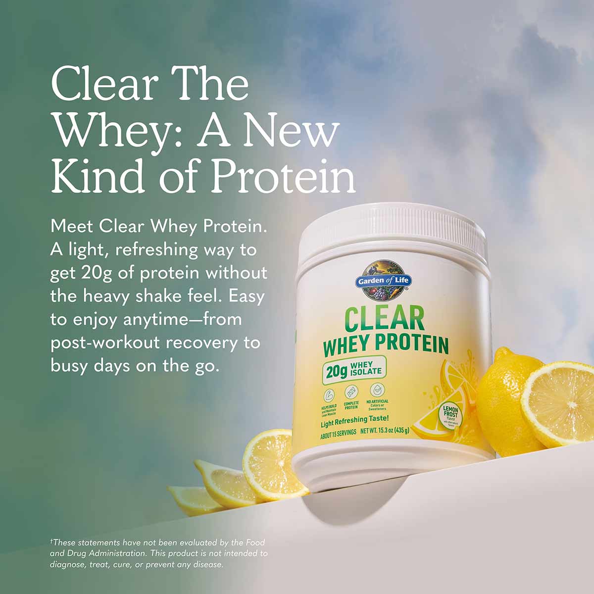 Garden of Life Clear Whey Protein container with white lid surrounded by fresh lemon slices on light background.
