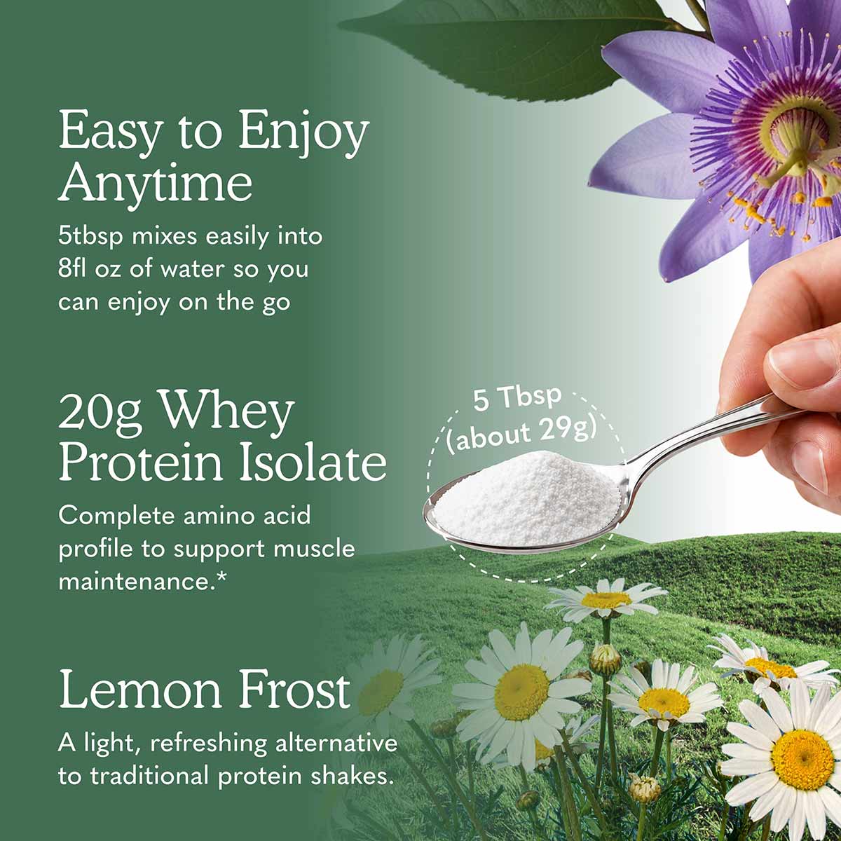 Clear whey protein powder on spoon with purple passion flower and daisies on green background.