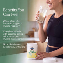 Person holding glass of clear protein drink next to Garden of Life Clear Whey Protein container on white surface.