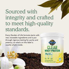 Garden of Life Clear Whey Protein container with lemon flavor label, surrounded by soil, white flowers, and green leaves.