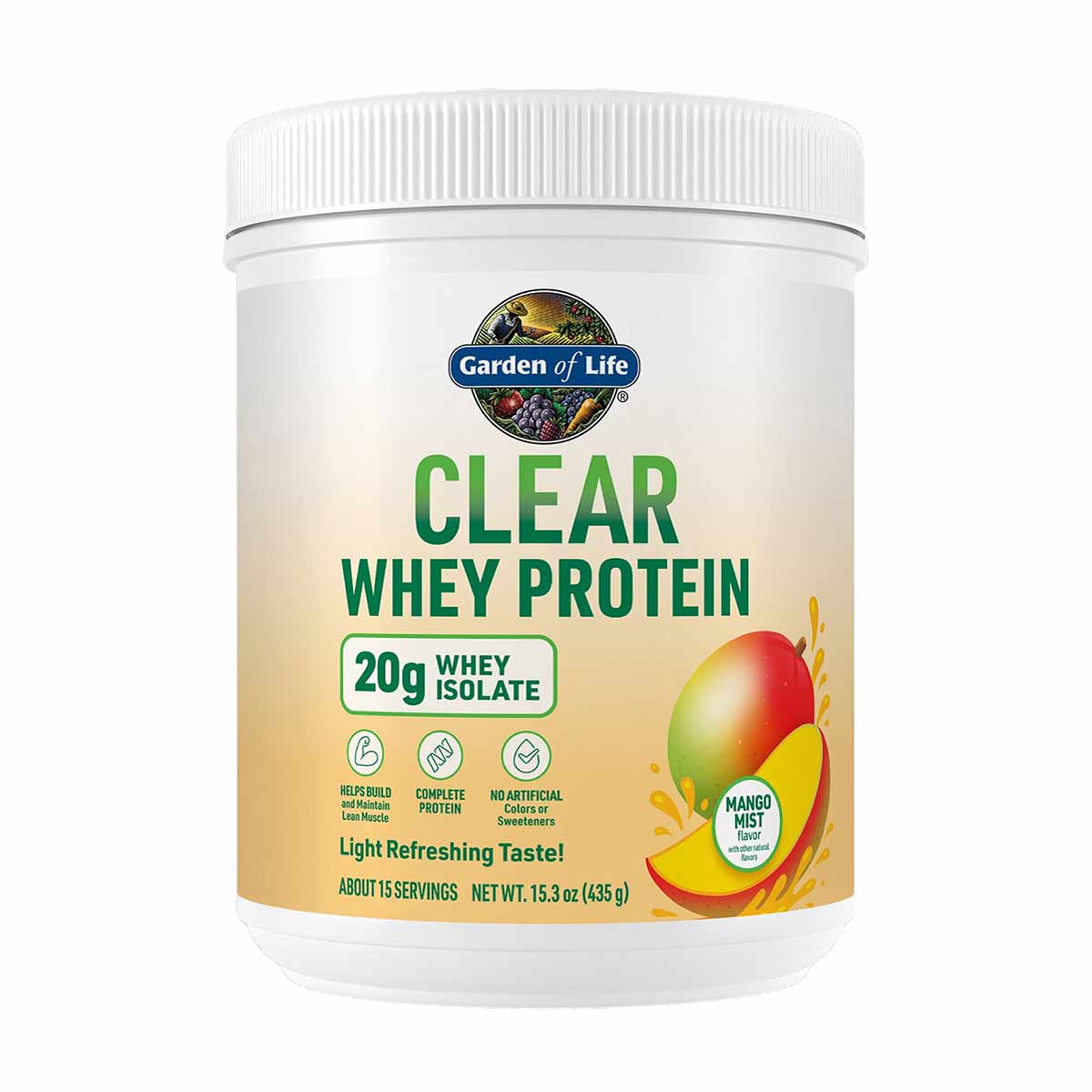 Garden of Life Clear Whey Protein powder in mango mist flavor, 15.3 oz container with white lid.