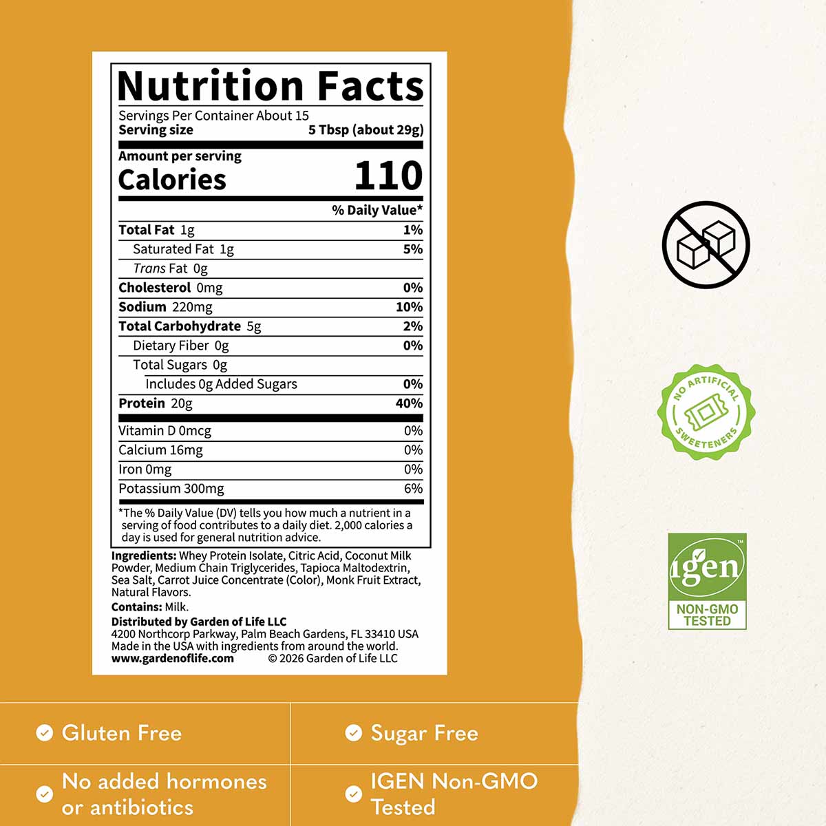 Nutrition Facts label for Clear Whey Protein showing 110 calories, 20g protein per serving, with gluten-free and sugar-free c